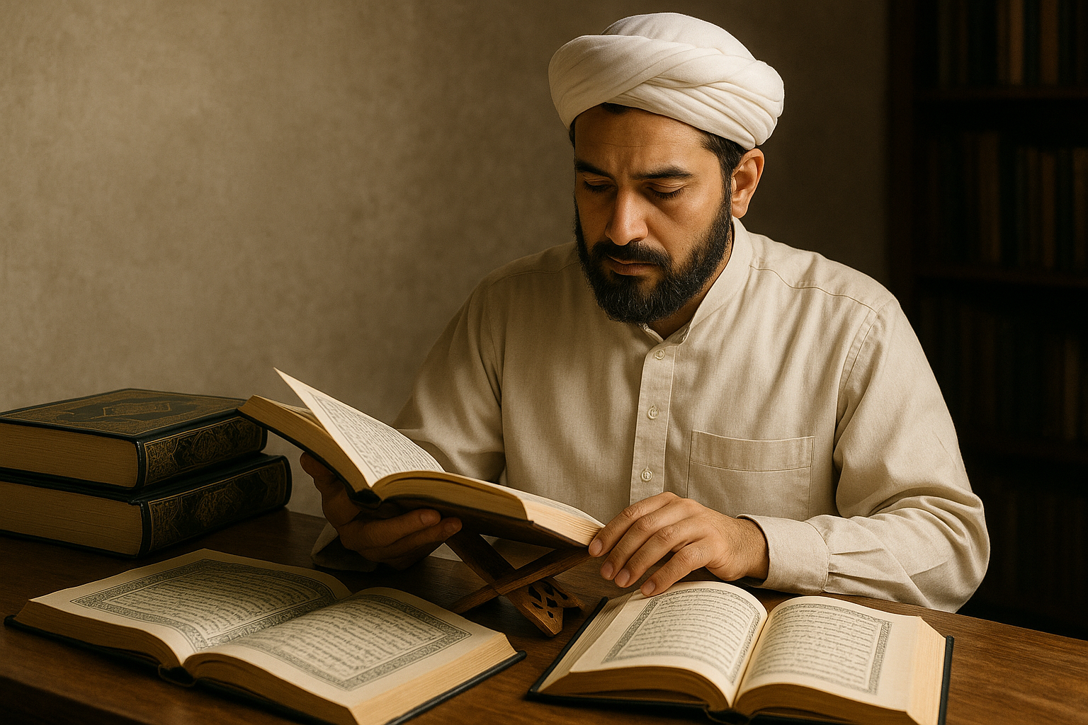 Islamic scholar reading and studying religious texts